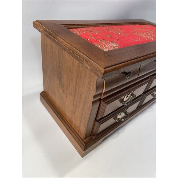 Vintage Two Drawer Oak Wood Jewelry Box with Brocade Fabric Top Beautiful - Picture 7 of 11